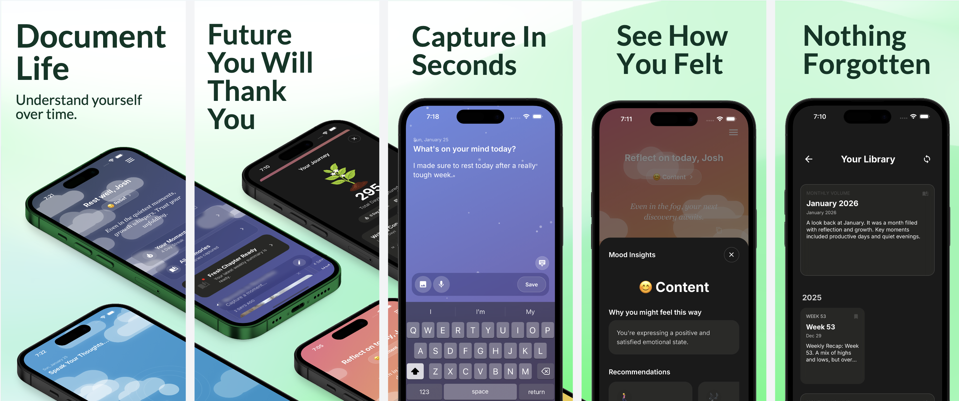 My.Story app screenshots showing journal library, mood insights, and daily capture features